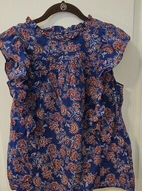 LOFT Blue Floral Ruffled Sleeveless Blouse -size Small